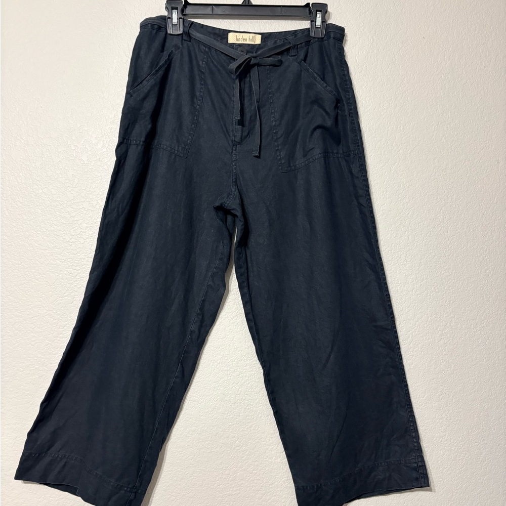 Linden Hill. Black Wide Leg Cropped Linen Pants. Side Pockets, Zip Waist w Tie.